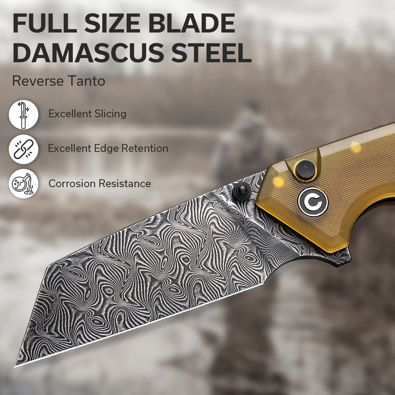 CIVIVI Amirite Flipper & Thumb Stud & Button Lock Knife Ultem Handle (3.48" Damascus Blade) C23028-DS1 - Image 3