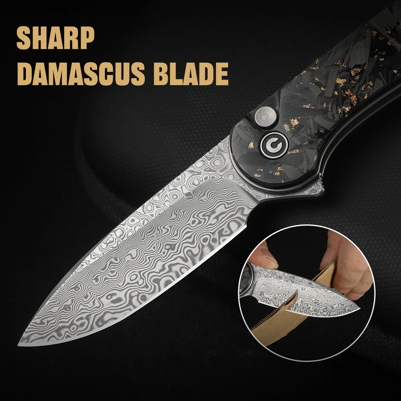 CIVIVI Button Lock Elementum II Flipper Knife Carbon Fiber & Resin Handle (2.96" Damascus Blade) C18062P-10 - Image 3