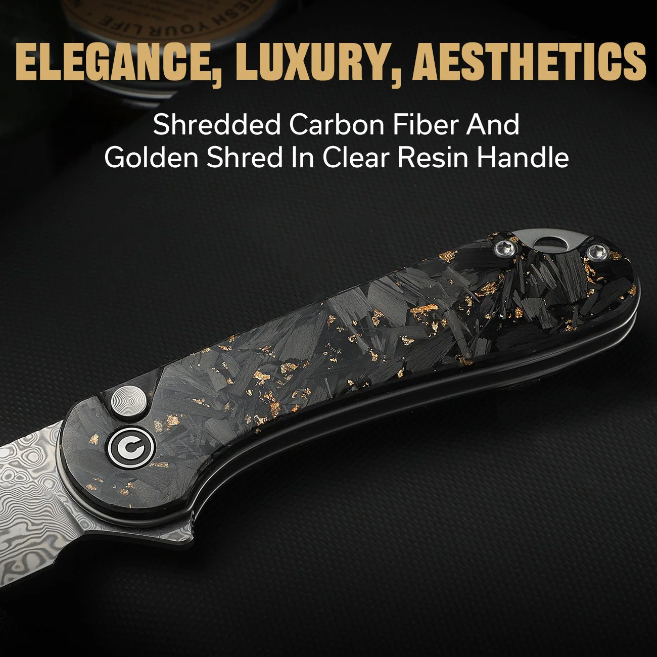 CIVIVI Button Lock Elementum II Flipper Knife Carbon Fiber & Resin Handle (2.96" Damascus Blade) C18062P-10 - Image 4