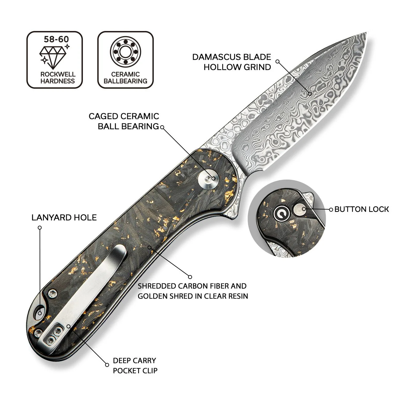CIVIVI Button Lock Elementum II Flipper Knife Carbon Fiber & Resin Handle (2.96" Damascus Blade) C18062P-10 - Image 5