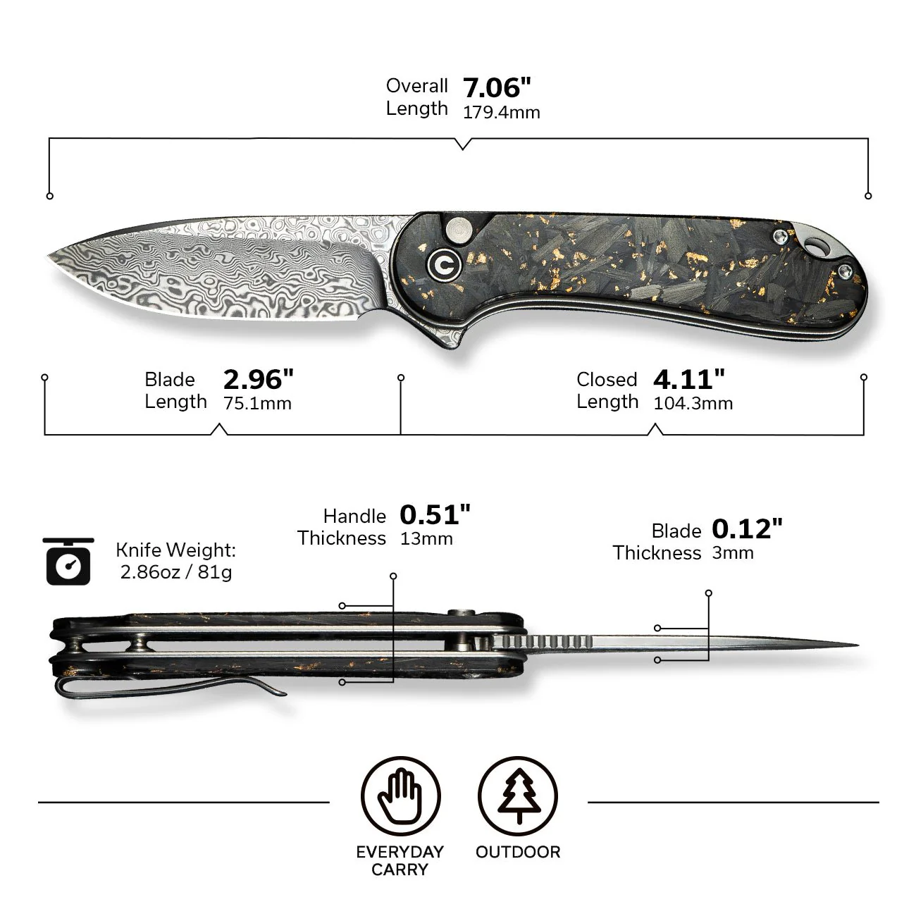 CIVIVI Button Lock Elementum II Flipper Knife Carbon Fiber & Resin Handle (2.96" Damascus Blade) C18062P-10 - Image 6
