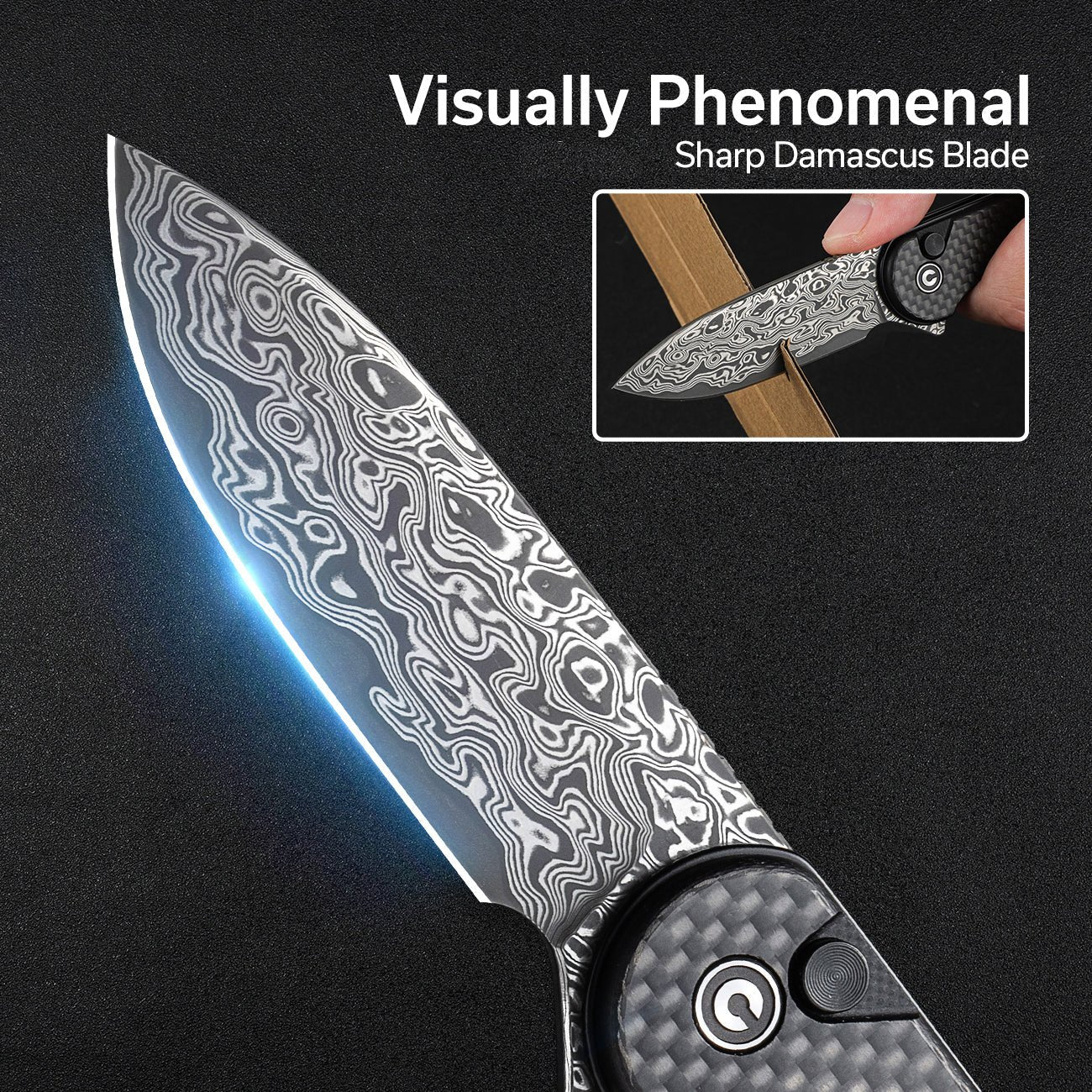 CIVIVI Button Lock Elementum II Flipper Knife Carbon Fiber & G10 Handle (2.96" Damascus Blade) C18062PB-DS1 - Image 3