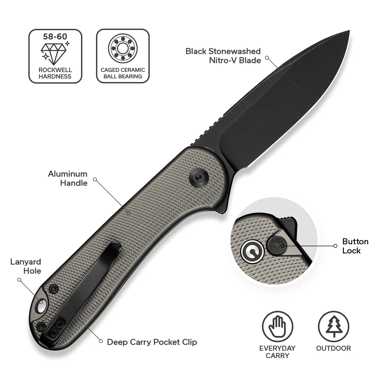 CIVIVI Button Lock Elementum II Flipper Knife Aluminum Handle (2.96" Nitro-V Blade) C18062PD-1 - Image 6
