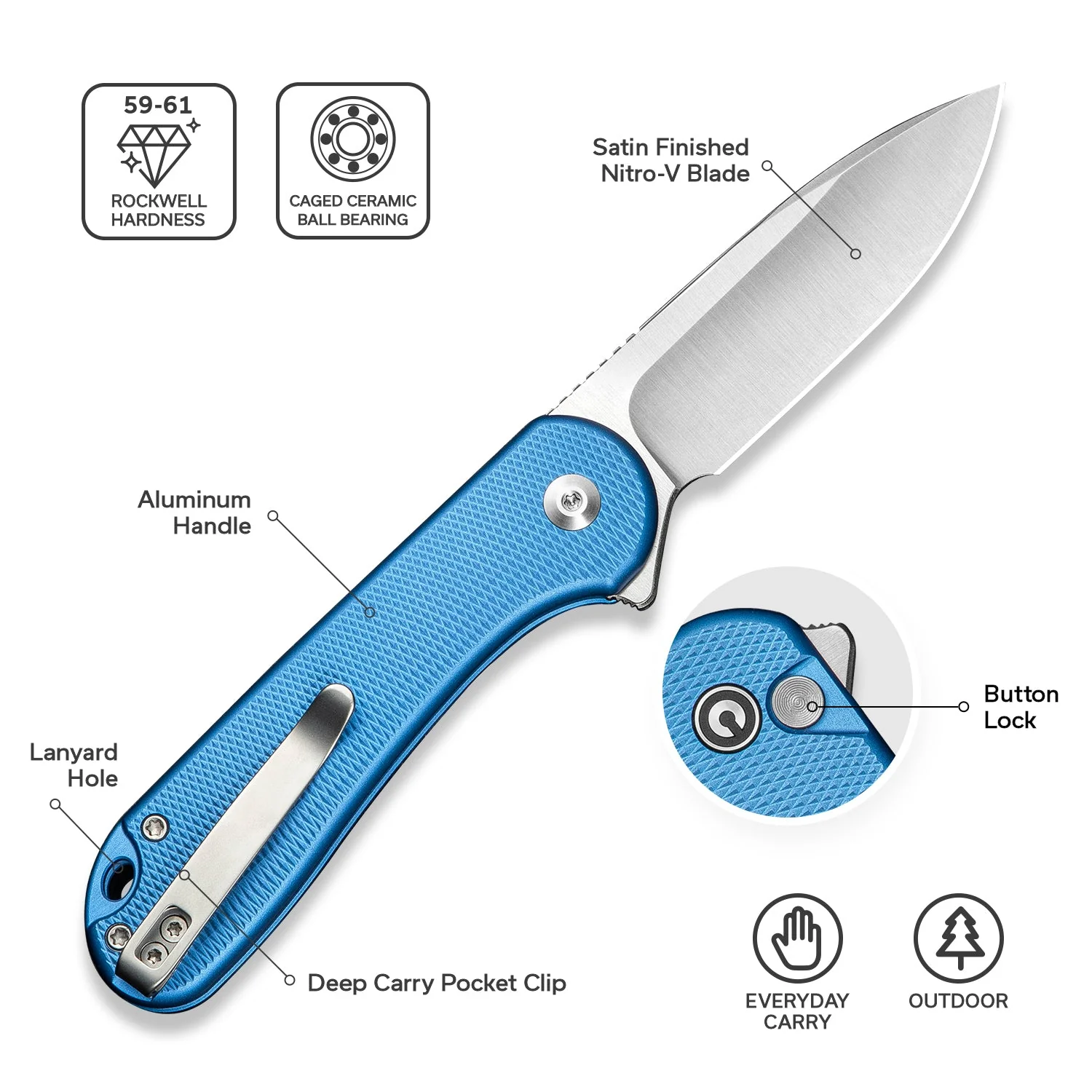 CIVIVI Button Lock Elementum II Flipper Knife Aluminum Handle (2.96" Nitro-V Blade) C18062PD-2 - Image 6