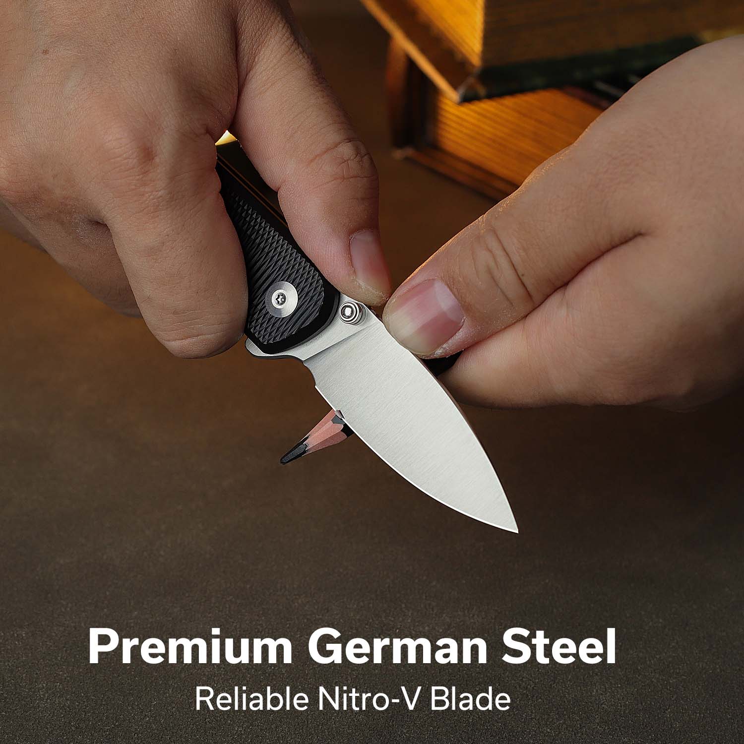 CIVIVI Mini Shakan Flipper & Thumb Stud & Button Lock Knife Ripple Patterned Black Aluminum Handle (2.48" Satin Finished Nitro-V Blade) C20052F-1 - Image 3