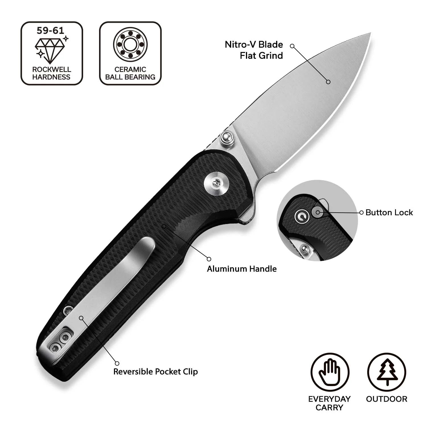 CIVIVI Mini Shakan Flipper & Thumb Stud & Button Lock Knife Ripple Patterned Black Aluminum Handle (2.48" Satin Finished Nitro-V Blade) C20052F-1 - Image 6