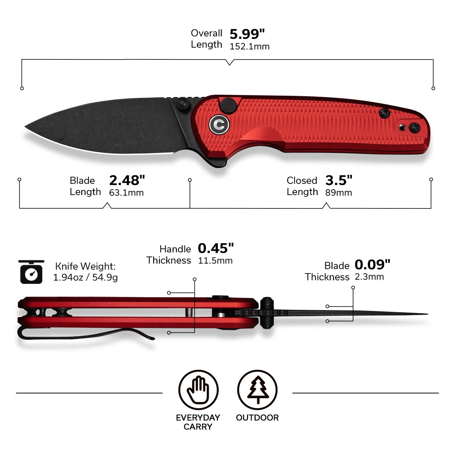 CIVIVI Mini Shakan Flipper & Thumb Stud & Button Lock Knife Ripple Patterned Red Aluminum Handle (2.48" Black Stonewashed Nitro-V Blade) C20052F-2 - Image 7