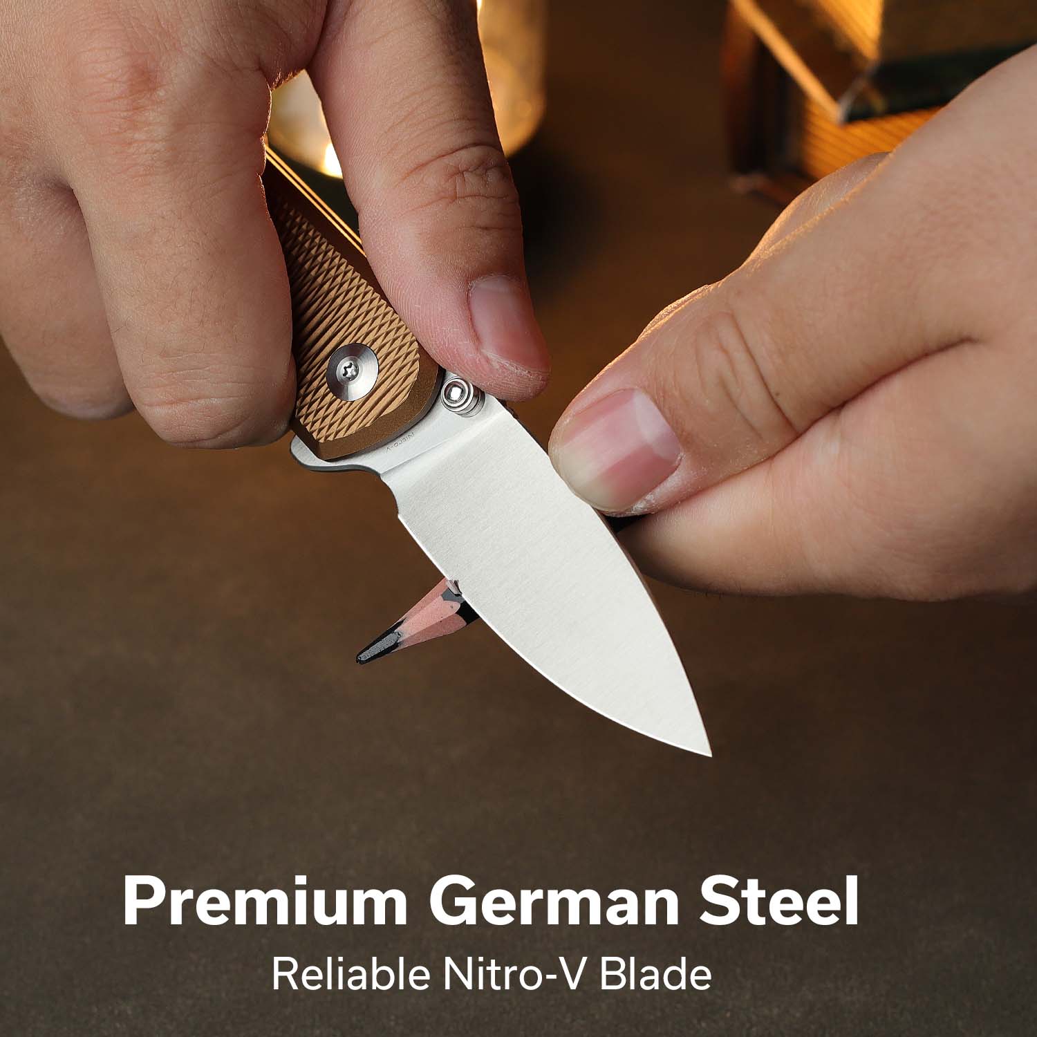 CIVIVI Mini Shakan Flipper & Thumb Stud & Button Lock Knife Ripple Patterned Coyote Brown Aluminum Handle (2.48" Satin Finished Nitro-V Blade) C20052F-3 - Image 3