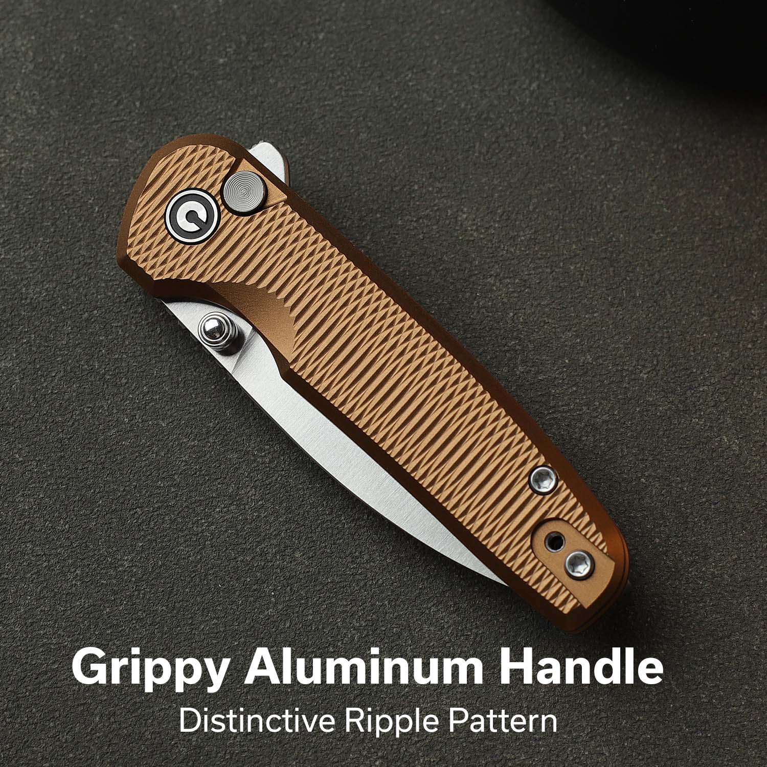 CIVIVI Mini Shakan Flipper & Thumb Stud & Button Lock Knife Ripple Patterned Coyote Brown Aluminum Handle (2.48" Satin Finished Nitro-V Blade) C20052F-3 - Image 4