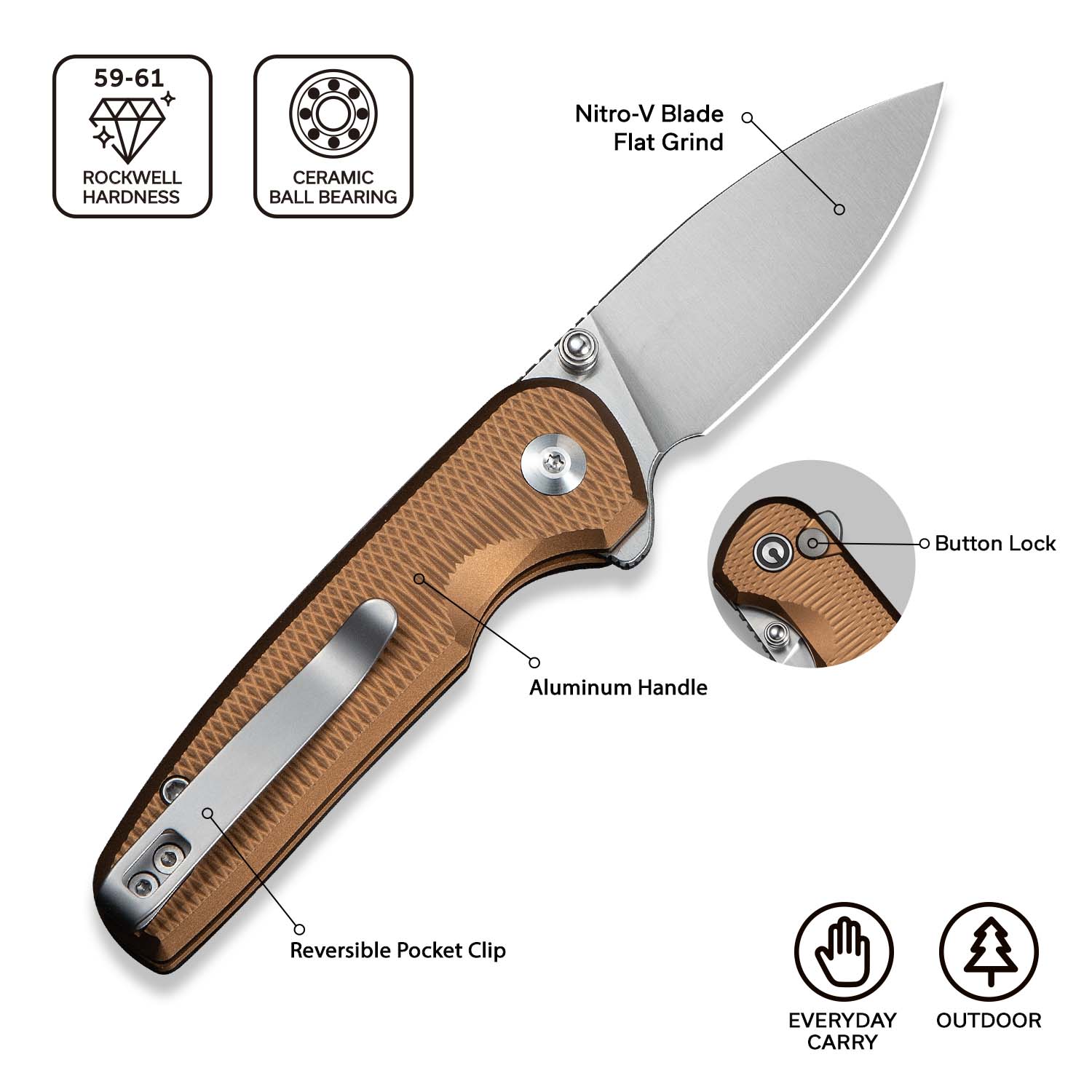 CIVIVI Mini Shakan Flipper & Thumb Stud & Button Lock Knife Ripple Patterned Coyote Brown Aluminum Handle (2.48" Satin Finished Nitro-V Blade) C20052F-3 - Image 6