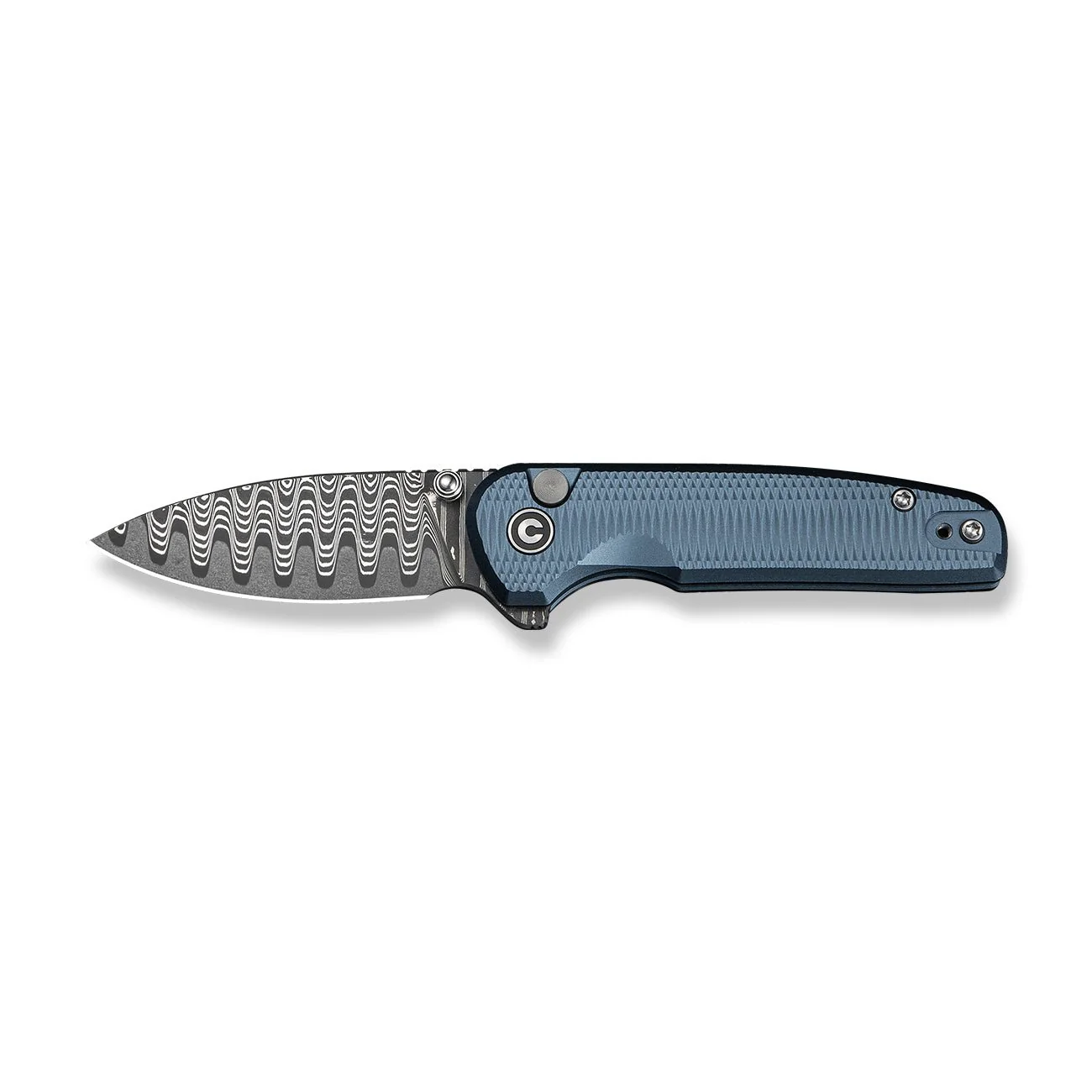CIVIVI Mini Shakan Flipper & Thumb Stud & Button Lock Knife Ripple Patterned Blue Aluminum Handle (2.48" Damascus Blade) C20052F-DS1 - Image 10