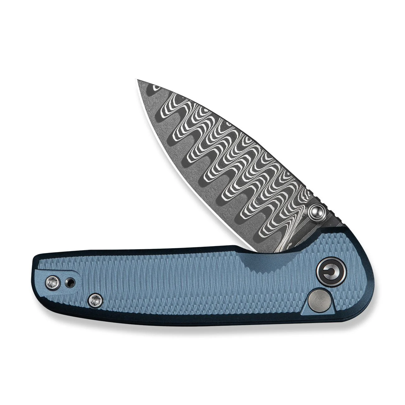 CIVIVI Mini Shakan Flipper & Thumb Stud & Button Lock Knife Ripple Patterned Blue Aluminum Handle (2.48" Damascus Blade) C20052F-DS1 - Image 11