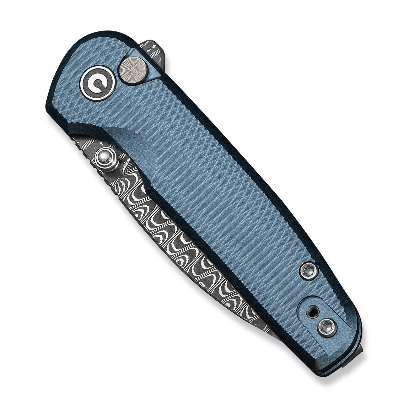 CIVIVI Mini Shakan Flipper & Thumb Stud & Button Lock Knife Ripple Patterned Blue Aluminum Handle (2.48" Damascus Blade) C20052F-DS1 - Image 12