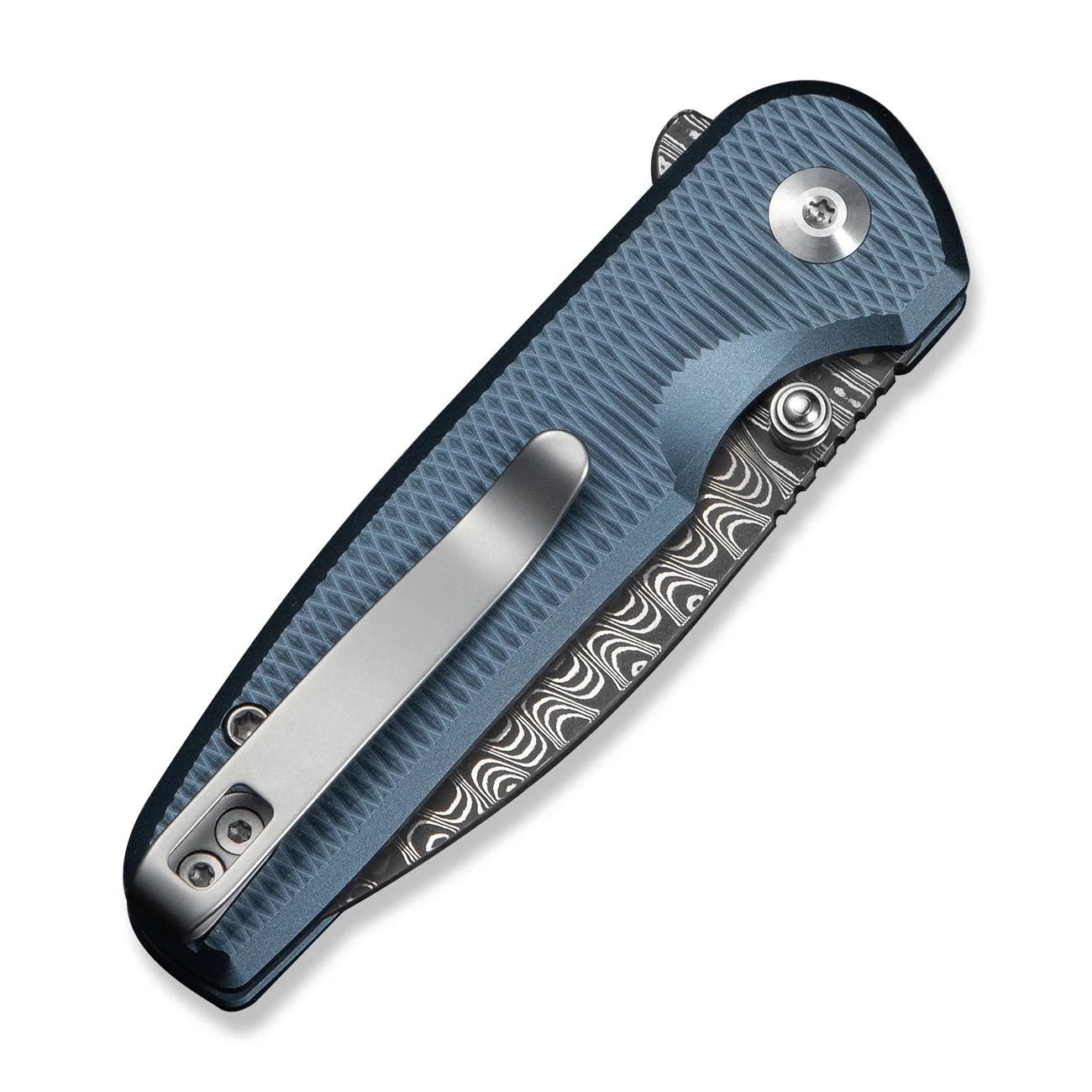 CIVIVI Mini Shakan Flipper & Thumb Stud & Button Lock Knife Ripple Patterned Blue Aluminum Handle (2.48" Damascus Blade) C20052F-DS1 - Image 13