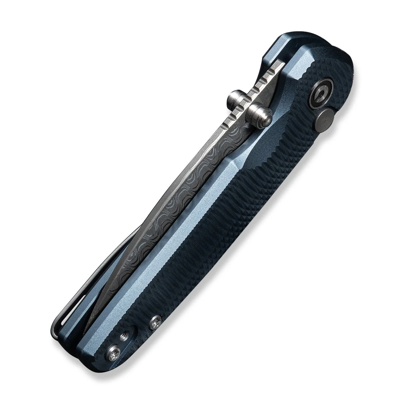 CIVIVI Mini Shakan Flipper & Thumb Stud & Button Lock Knife Ripple Patterned Blue Aluminum Handle (2.48" Damascus Blade) C20052F-DS1 - Image 14