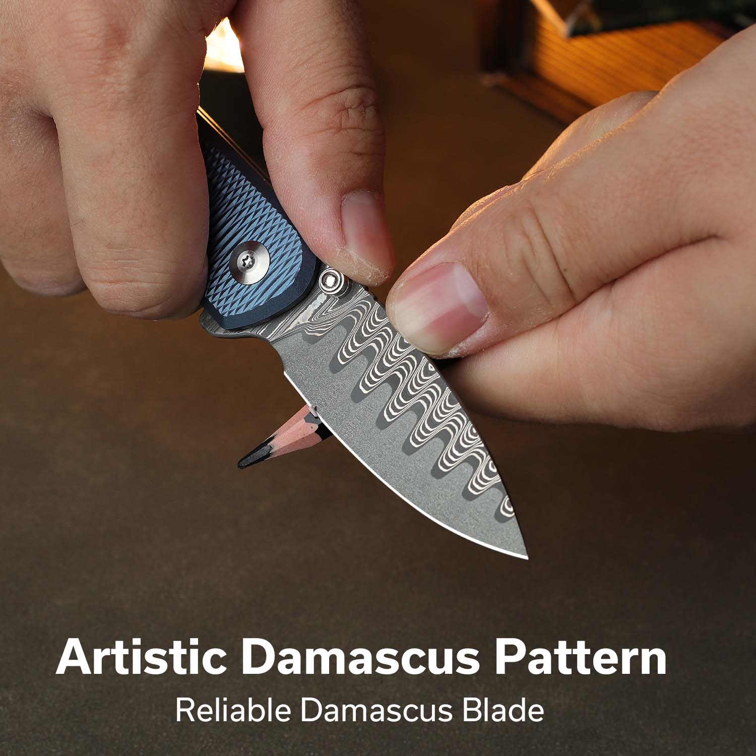 CIVIVI Mini Shakan Flipper & Thumb Stud & Button Lock Knife Ripple Patterned Blue Aluminum Handle (2.48" Damascus Blade) C20052F-DS1 - Image 3