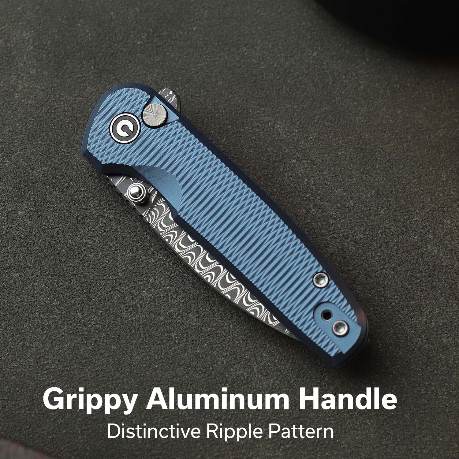 CIVIVI Mini Shakan Flipper & Thumb Stud & Button Lock Knife Ripple Patterned Blue Aluminum Handle (2.48" Damascus Blade) C20052F-DS1 - Image 4