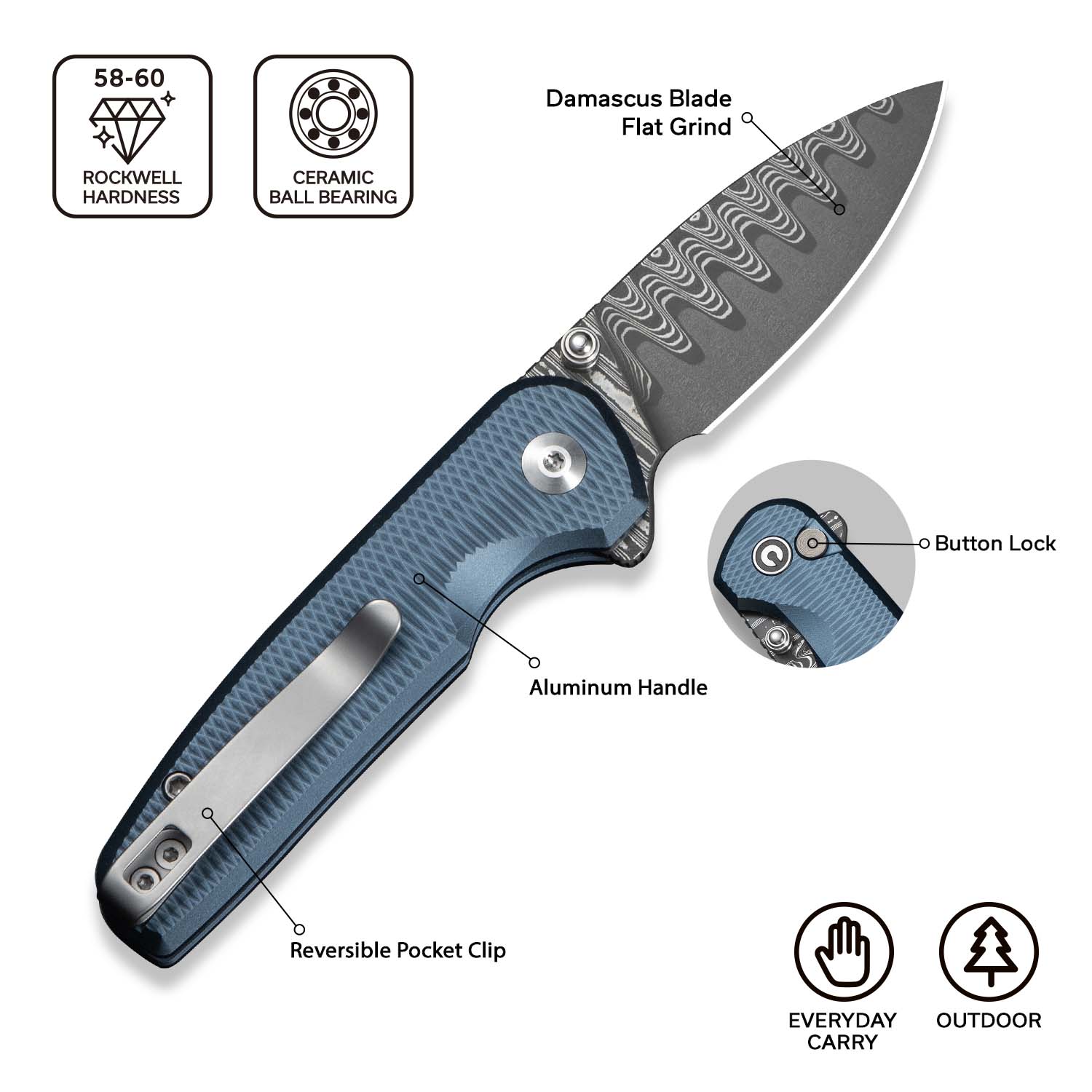CIVIVI Mini Shakan Flipper & Thumb Stud & Button Lock Knife Ripple Patterned Blue Aluminum Handle (2.48" Damascus Blade) C20052F-DS1 - Image 6