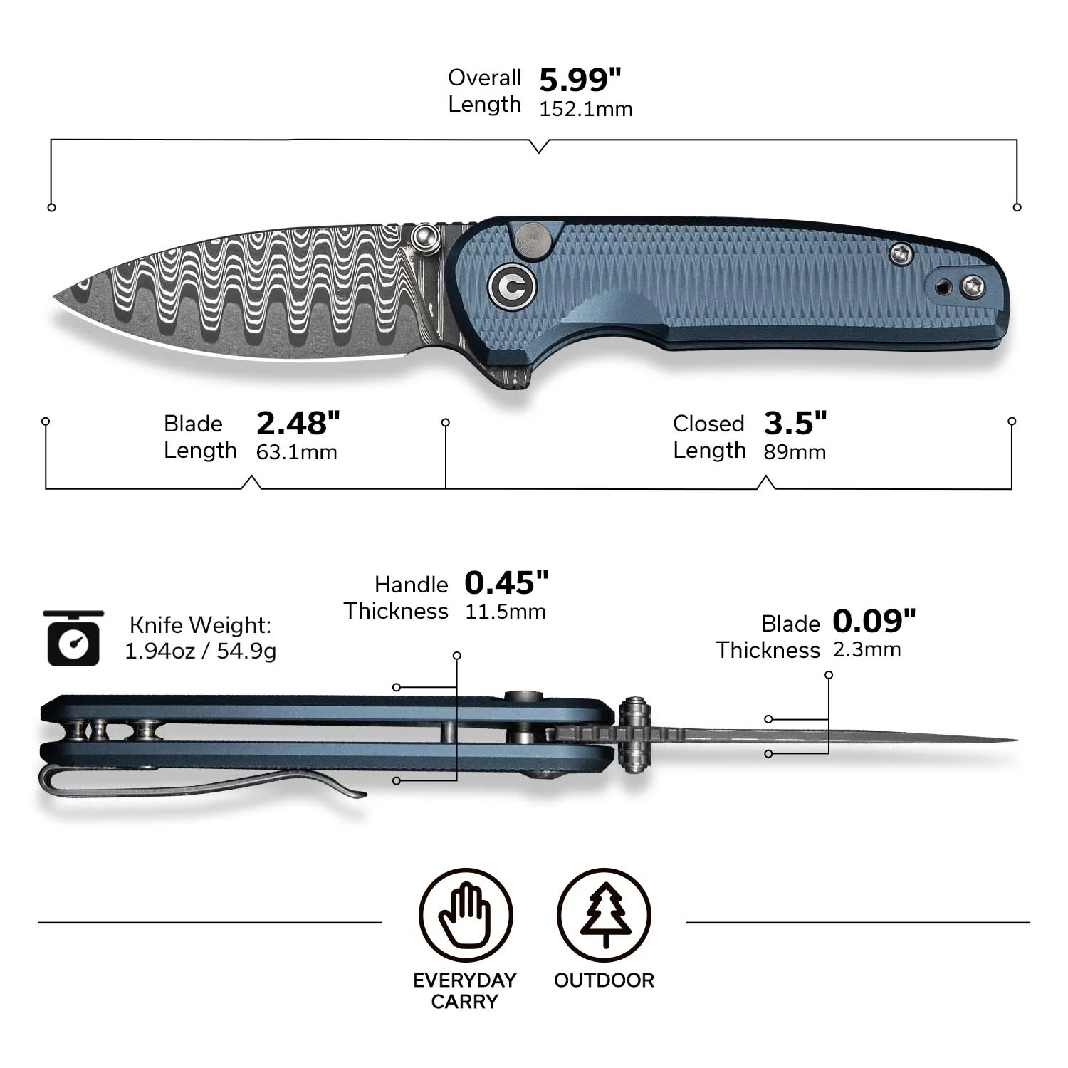 CIVIVI Mini Shakan Flipper & Thumb Stud & Button Lock Knife Ripple Patterned Blue Aluminum Handle (2.48" Damascus Blade) C20052F-DS1 - Image 7