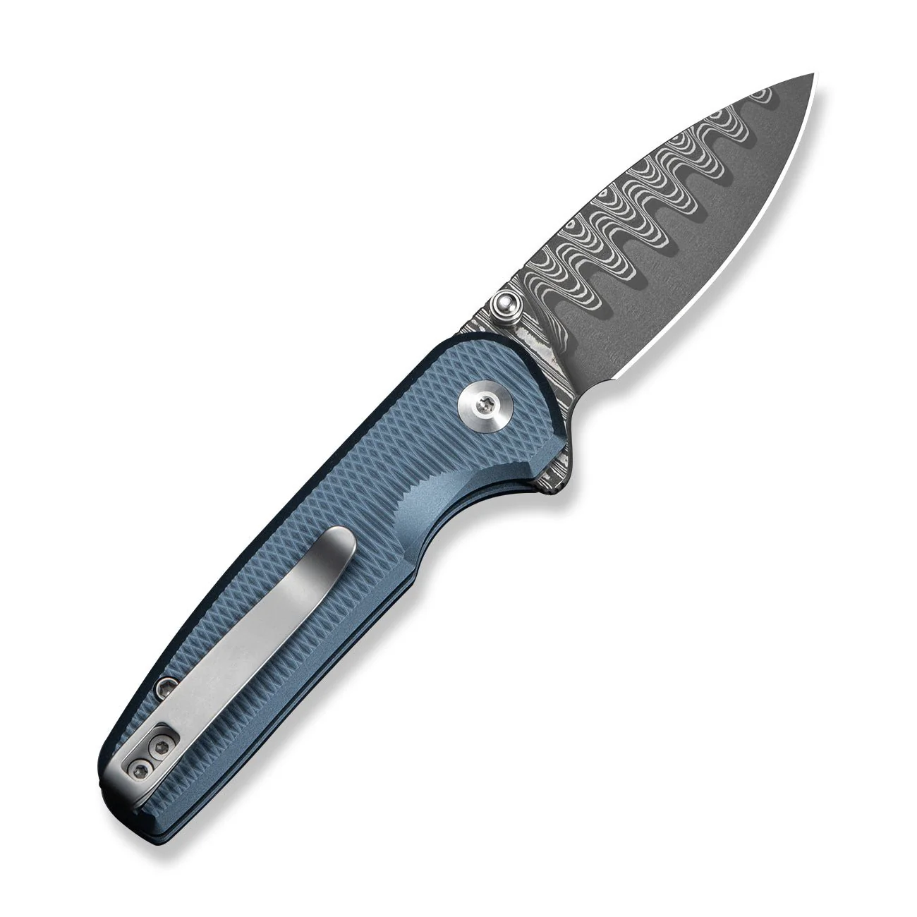 CIVIVI Mini Shakan Flipper & Thumb Stud & Button Lock Knife Ripple Patterned Blue Aluminum Handle (2.48" Damascus Blade) C20052F-DS1 - Image 8