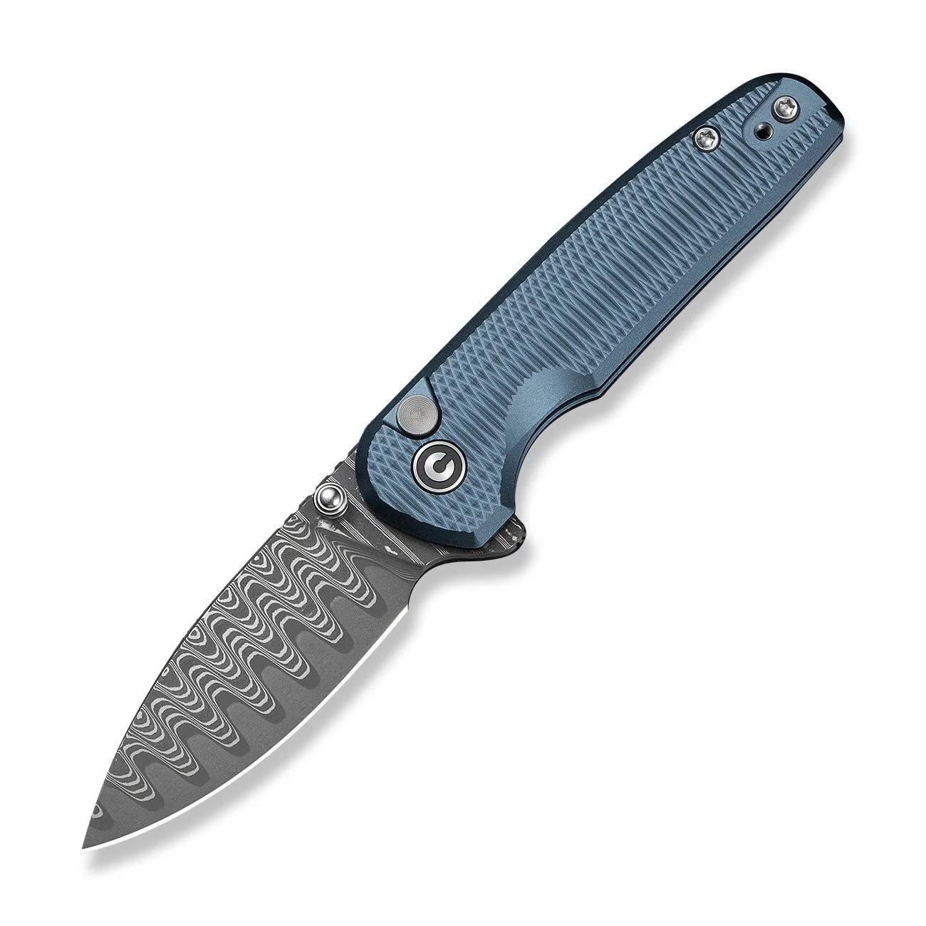 CIVIVI Mini Shakan Flipper & Thumb Stud & Button Lock Knife Ripple Patterned Blue Aluminum Handle (2.48" Damascus Blade) C20052F-DS1 - Image 9