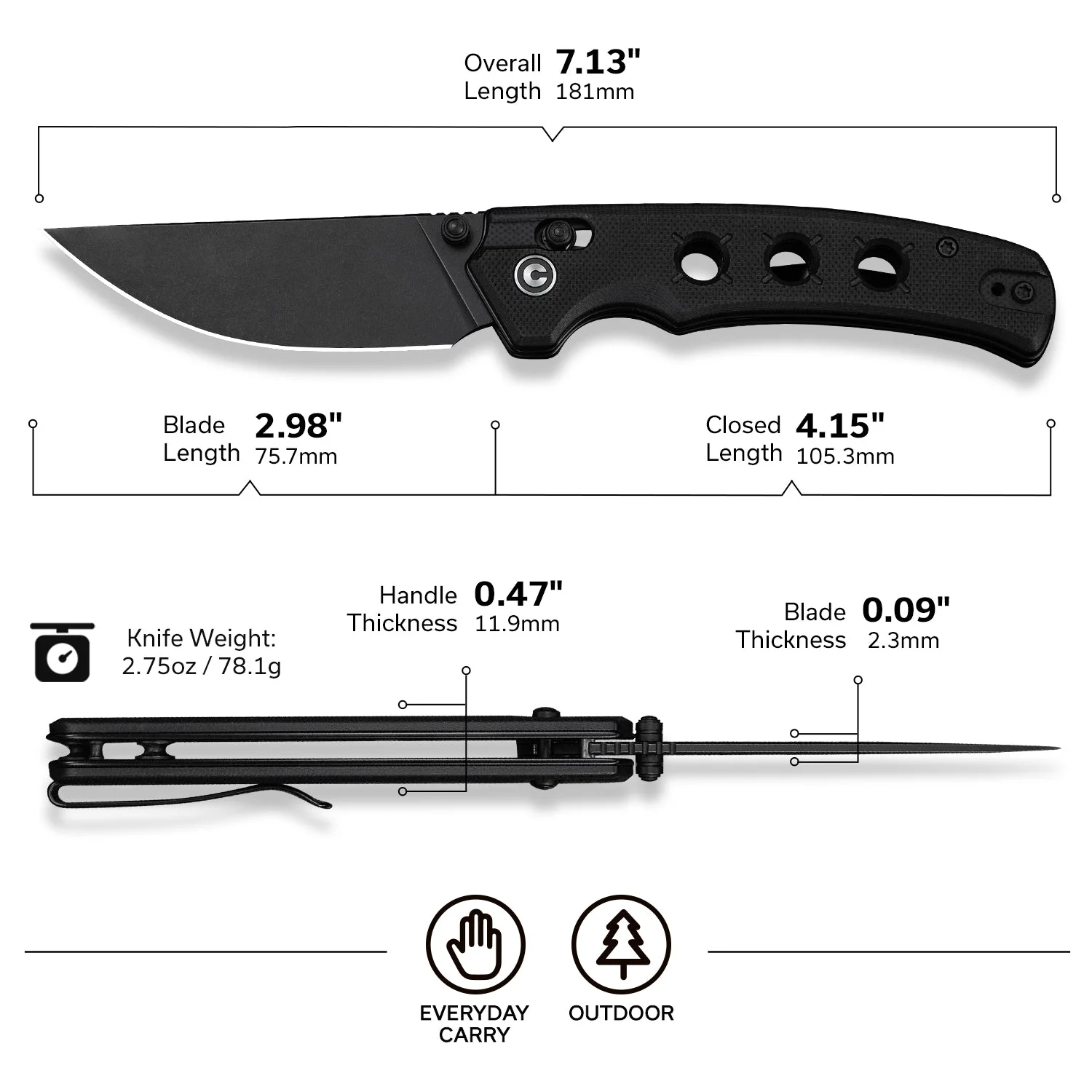 CIVIVI Noctis Thumb Stud & Crossbar Lock Knife Black G10 Handle (2.98" Black Stonewashed Nitro-V Blade) C24020C-1 - Image 7