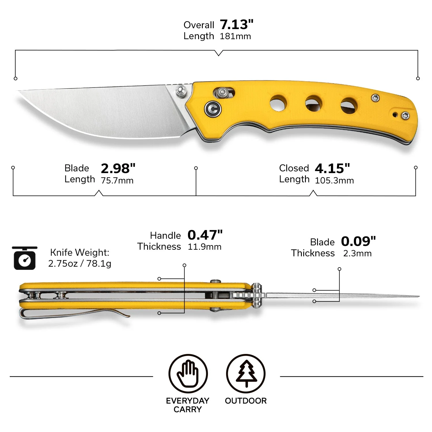 CIVIVI Noctis Thumb Stud & Crossbar Lock Knife Yellow G10 Handle (2.98" Satin Finished Nitro-V Blade) C24020C-2 - Image 7