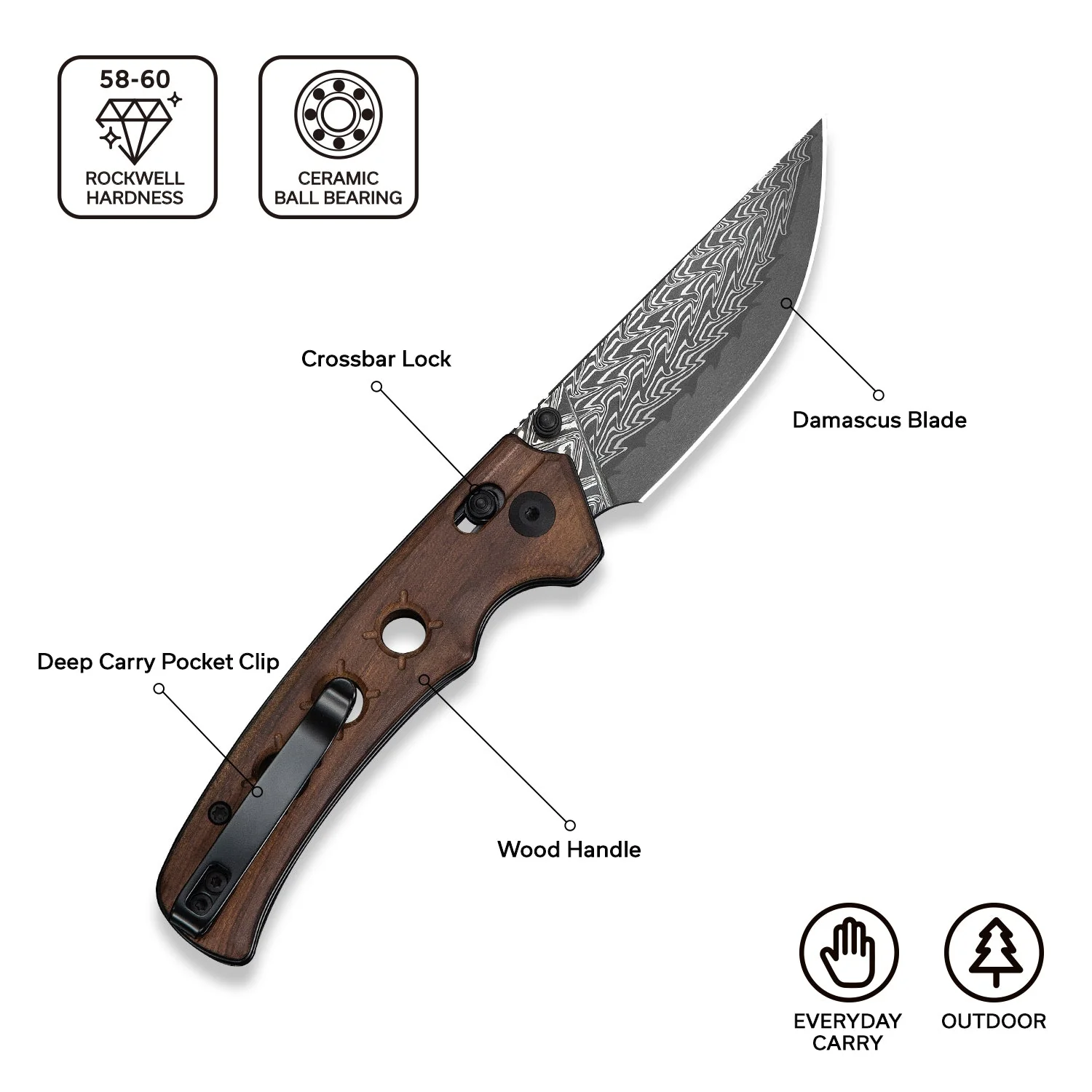CIVIVI Noctis Thumb Stud & Crossbar Lock Knife Guibourtia Wood Handle (2.98" Damascus Blade) C24020C-DS1 - Image 6