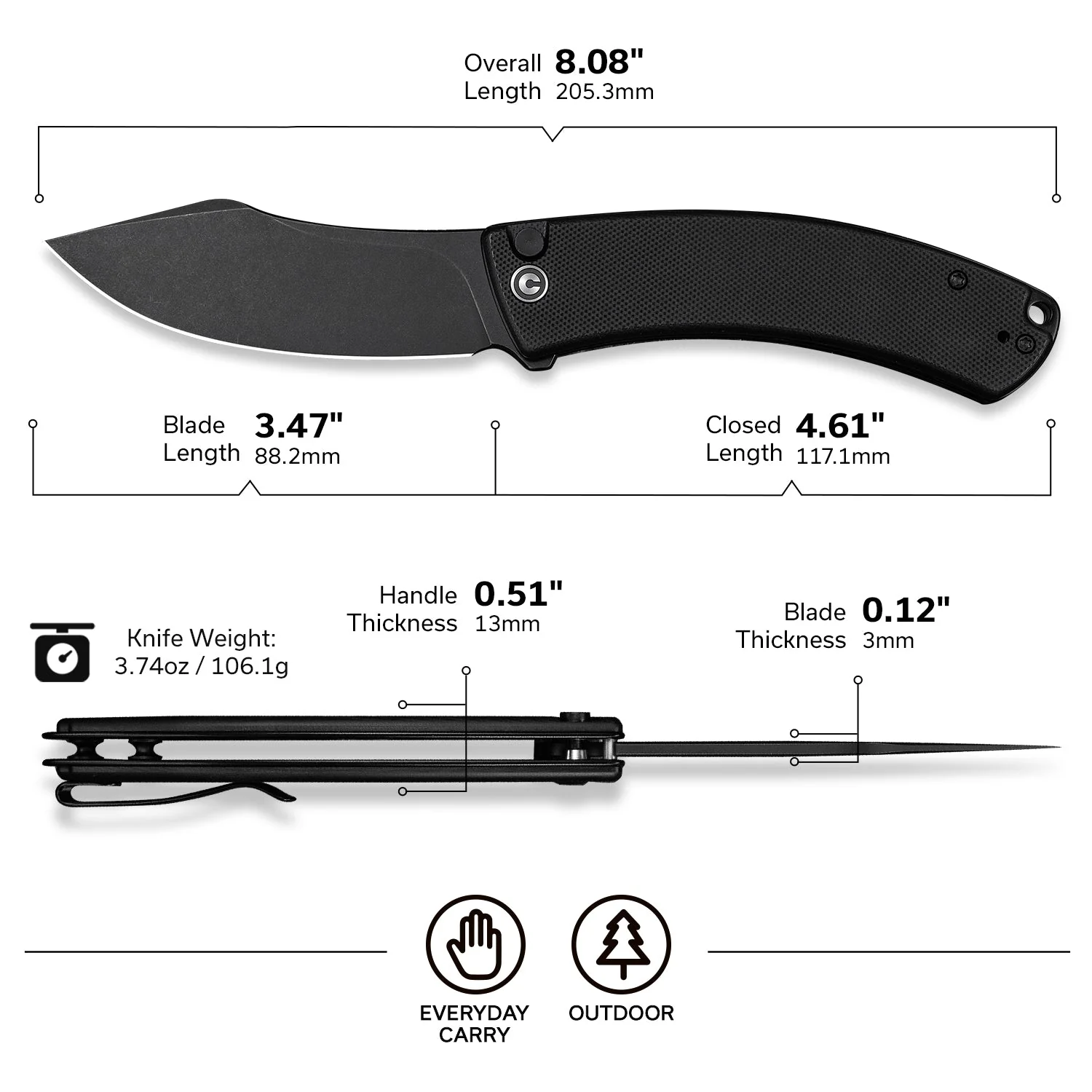 CIVIVI Outlaw Muk Flipper & Button Lock Knife Black G10 Handle (3.47" Black Stonewashed 14C28N Blade) C24079-1 - Image 8