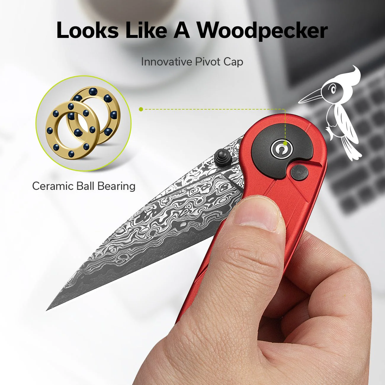 CIVIVI Starflare Thumb Stud & Button Lock Knife Aluminum Handle (3.3" Damascus Blade) C23052-DS1 - Image 3