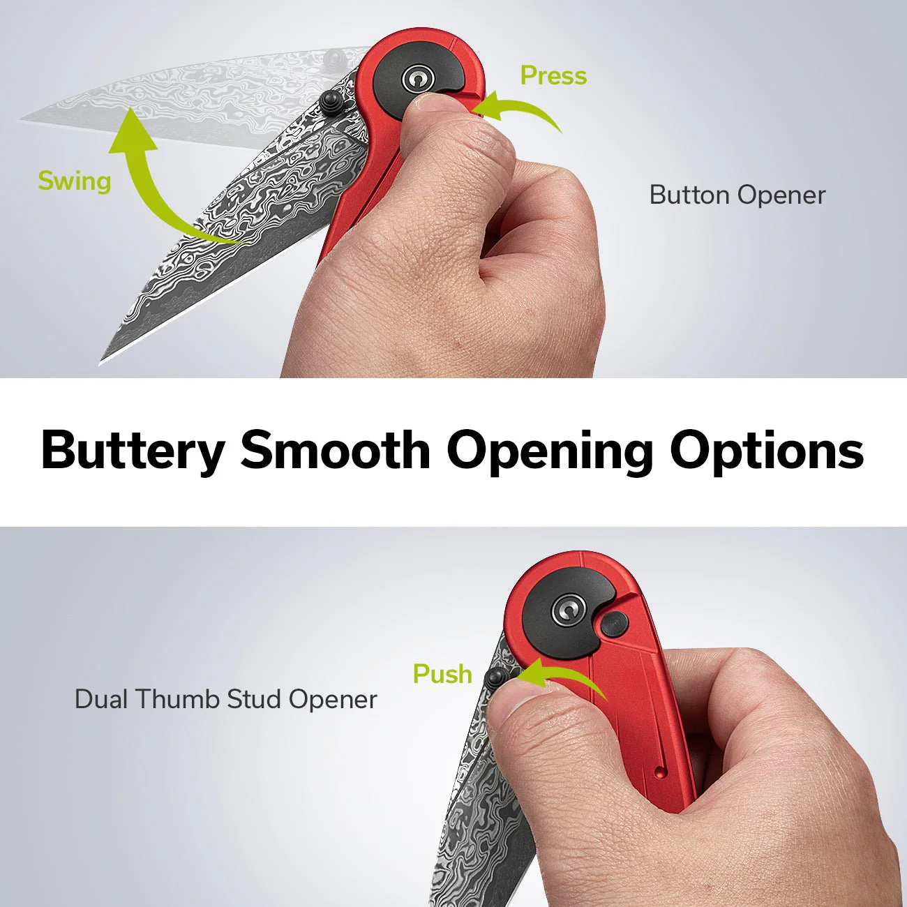 CIVIVI Starflare Thumb Stud & Button Lock Knife Aluminum Handle (3.3" Damascus Blade) C23052-DS1 - Image 6