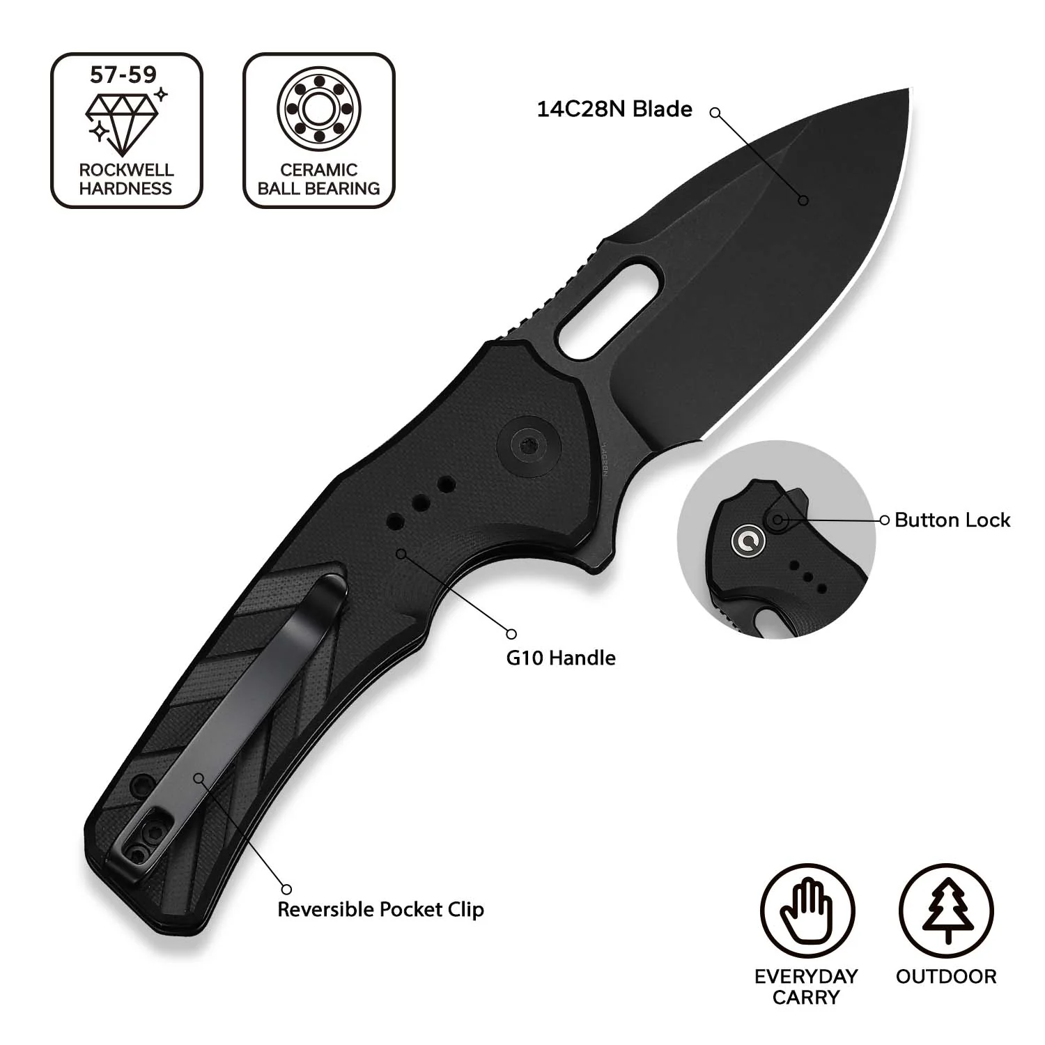 CIVIVI Vexron Flipper & Thumb Hole & Button Lock Knife G10 Handle (2.98" 14C28N Blade) C24066-1 - Image 5